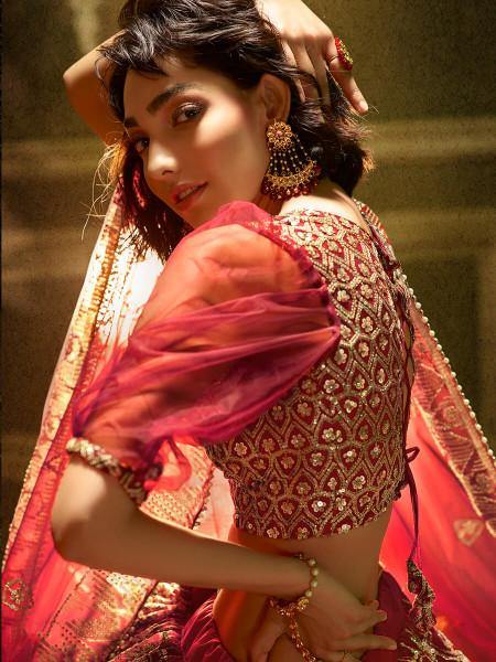 Myra Maroon Embroidered Net Lehenga | Grocsy