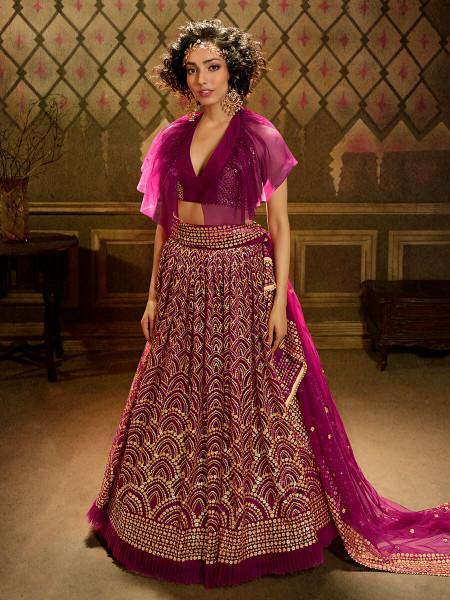 Myra Wine Embroidered Net Lehenga | Grocsy