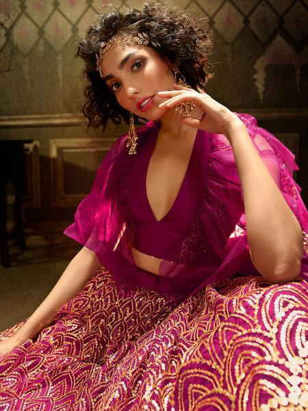 Myra Wine Embroidered Net Lehenga | Grocsy
