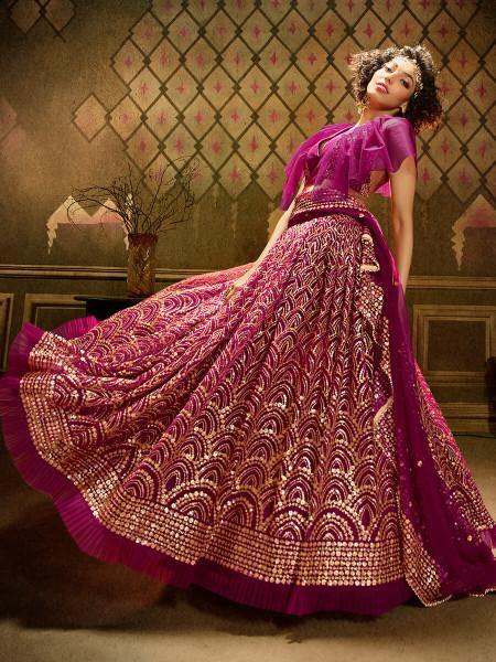 Myra Wine Embroidered Net Lehenga | Grocsy
