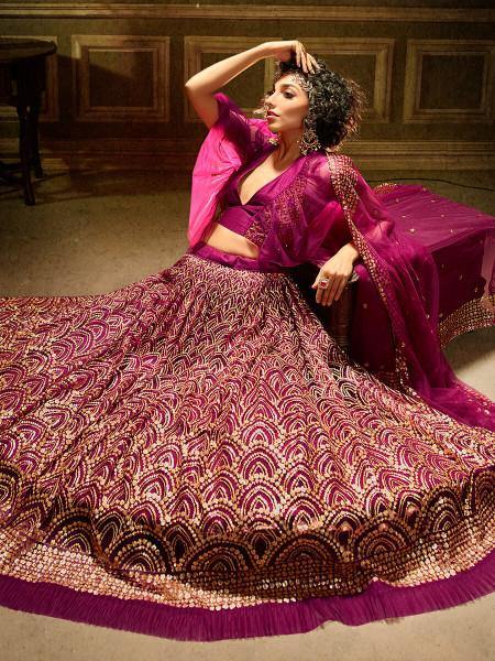 Myra Wine Embroidered Net Lehenga | Grocsy