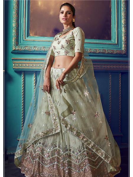 Myra Green Heavy Embroidered Net Lehenga | Grocsy