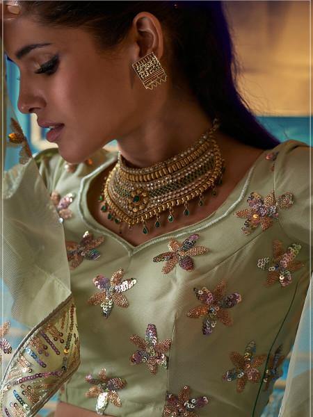 Myra Green Heavy Embroidered Net Lehenga | Grocsy