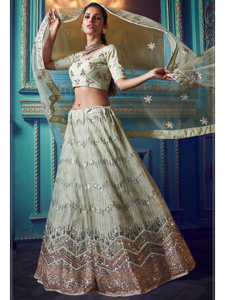 Myra Green Heavy Embroidered Net Lehenga | Grocsy