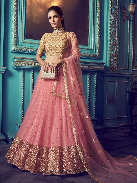 Myra Pink Heavy Embroidered Net Lehenga | Grocsy