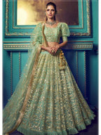 Myra Green Heavy Embroidered Net Lehenga | Grocsy