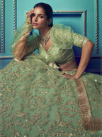 Myra Green Heavy Embroidered Net Lehenga | Grocsy