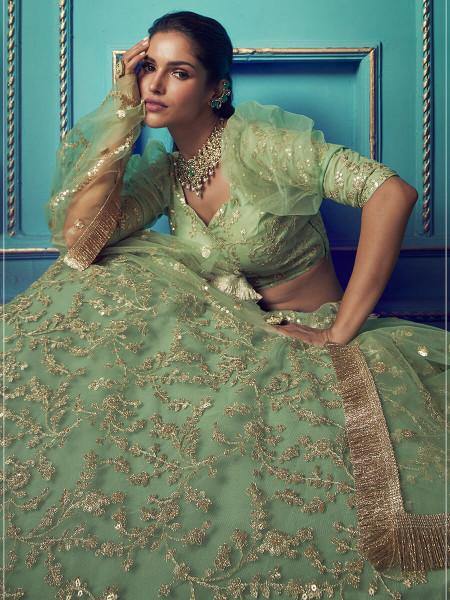 Myra Green Heavy Embroidered Net Lehenga | Grocsy
