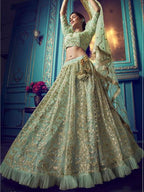 Myra Green Heavy Embroidered Net Lehenga | Grocsy