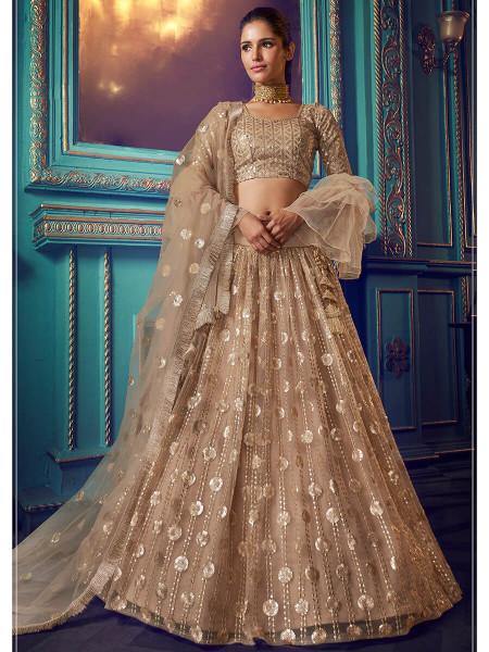 Myra Beige Heavy Embroidered Net Lehenga | Grocsy