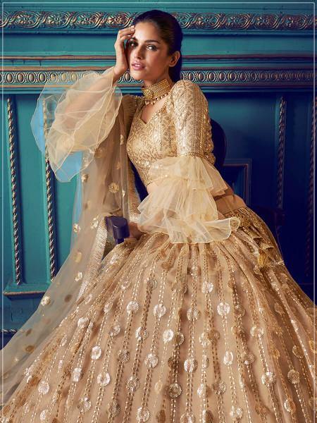 Myra Beige Heavy Embroidered Net Lehenga | Grocsy