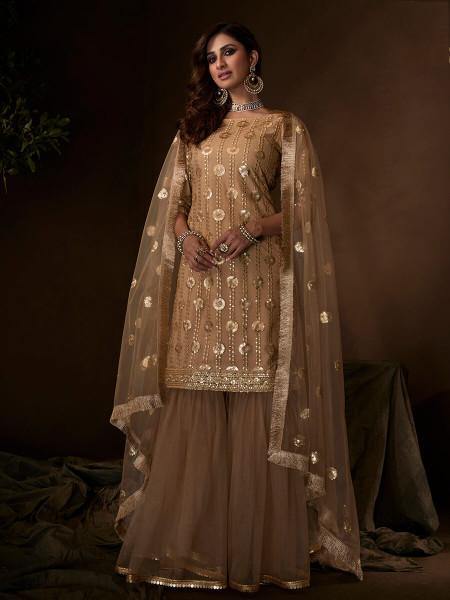 Myra Beige Soft Net Gharara Suit | Grocsy