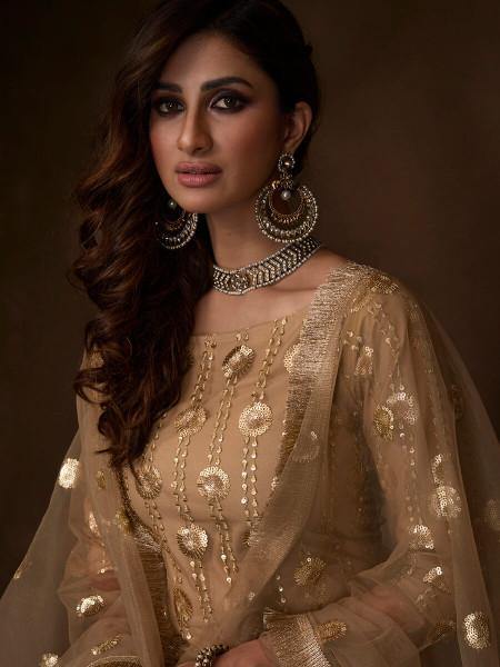 Myra Beige Soft Net Gharara Suit | Grocsy