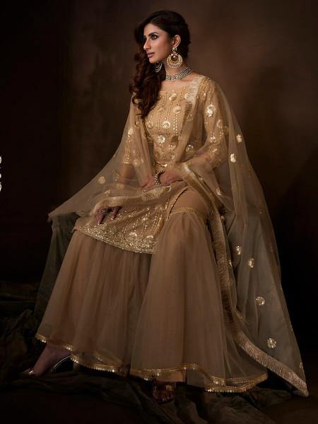 Myra Beige Soft Net Gharara Suit | Grocsy
