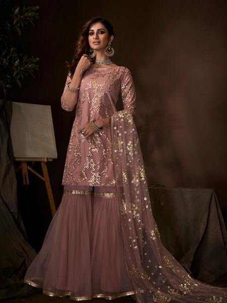 Myra Purple Soft Net Gharara Suit | Grocsy