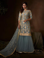 Myra Grey Soft Net Gharara Suit | Grocsy