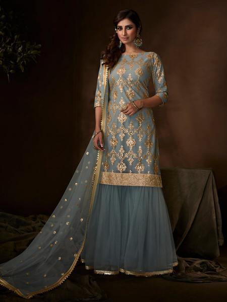 Myra Grey Soft Net Gharara Suit | Grocsy