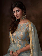 Myra Grey Soft Net Gharara Suit | Grocsy