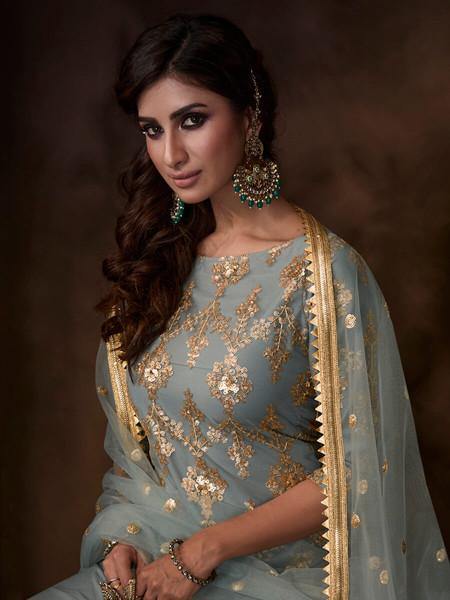 Myra Grey Soft Net Gharara Suit | Grocsy