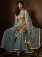 Myra Grey Soft Net Gharara Suit | Grocsy
