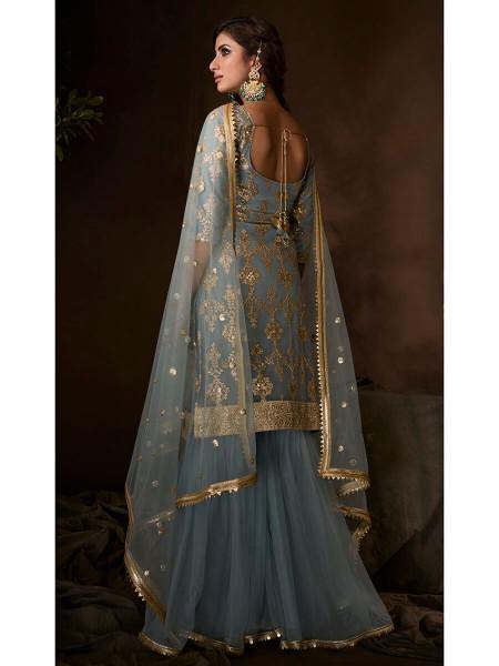 Myra Grey Soft Net Gharara Suit | Grocsy
