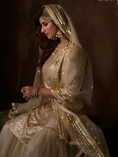 Myra Dusky Beige Soft Net Gharara Suit | Grocsy