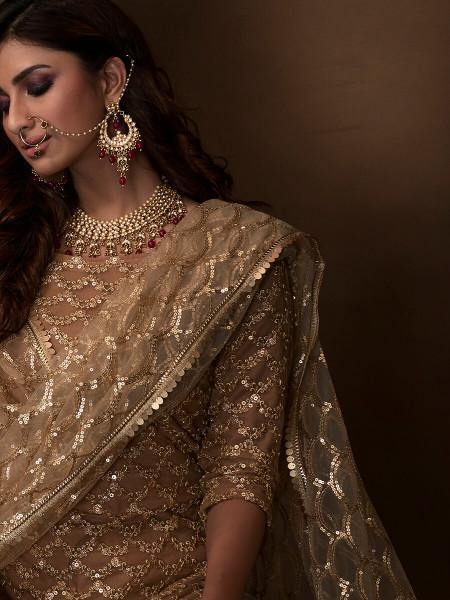 Myra Beige Soft Net Gharara Suit | Grocsy