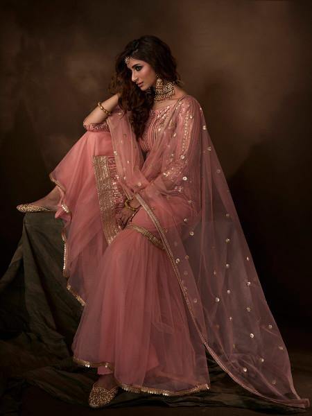 Myra Pink Soft Net Gharara Suit | Grocsy