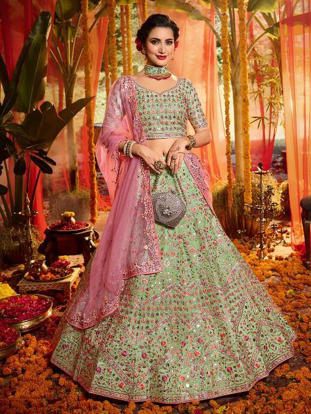 Myra Green and Pure Organza Embroidered Lehenga | Grocsy
