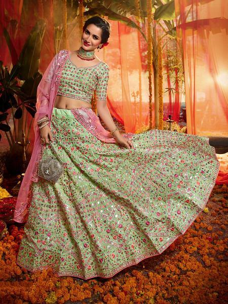 Myra Green and Pure Organza Embroidered Lehenga | Grocsy