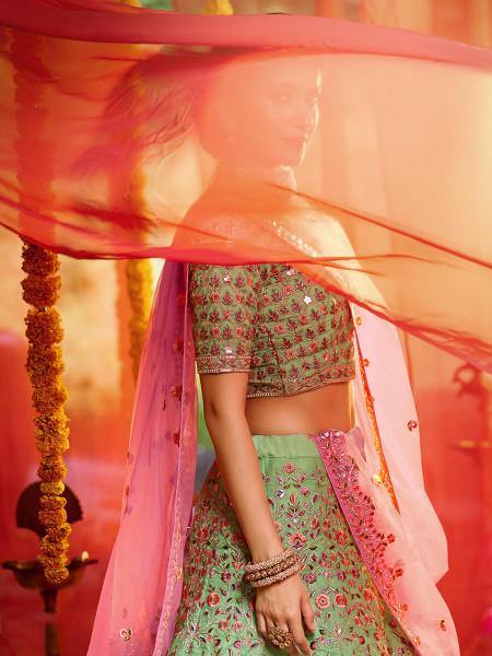 Myra Green and Pure Organza Embroidered Lehenga | Grocsy
