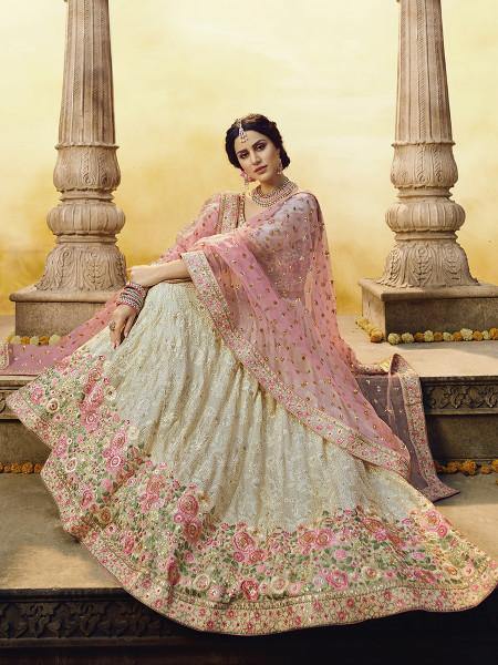 Myra White Heavy Embroidered Georgette Lehenga | Grocsy