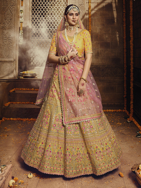 Myra Yellow Heavy Embroidered Organza Lehenga | Grocsy