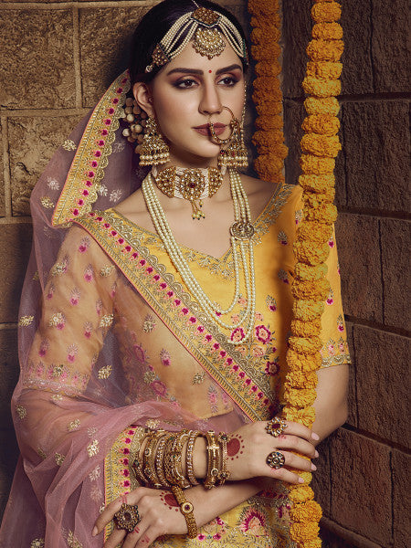 Myra Yellow Heavy Embroidered Organza Lehenga | Grocsy