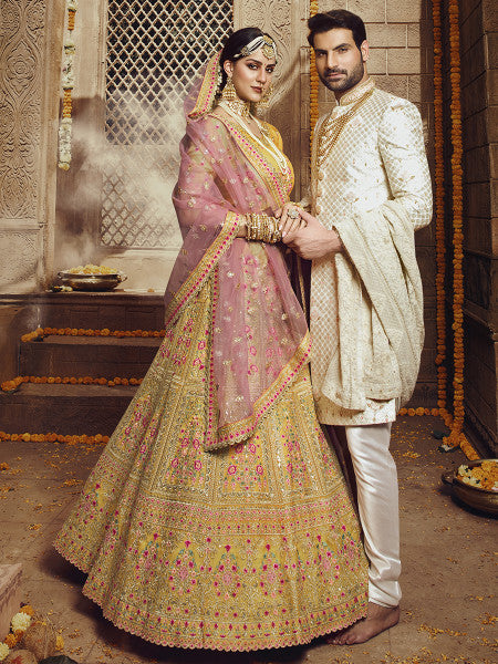 Myra Yellow Heavy Embroidered Organza Lehenga | Grocsy