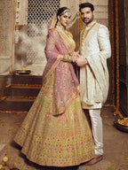 Myra Yellow Heavy Embroidered Organza Lehenga | Grocsy