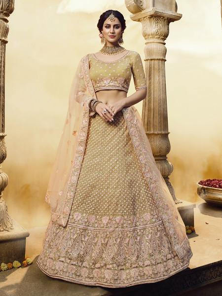 Myra Golden Heavy Embroidered Georgette Lehenga | Grocsy