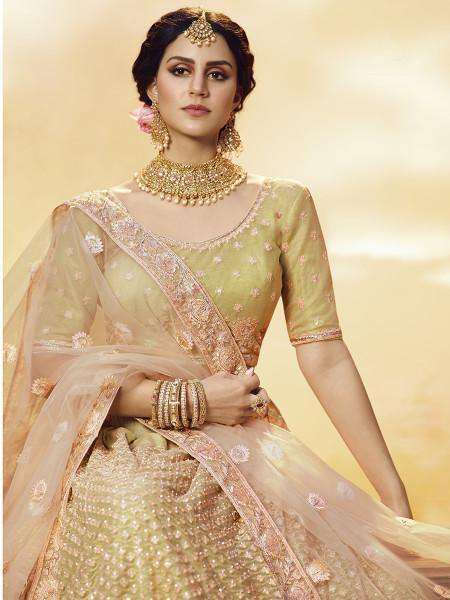 Myra Golden Heavy Embroidered Georgette Lehenga | Grocsy