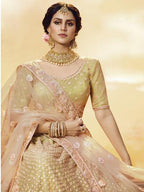 Myra Golden Heavy Embroidered Georgette Lehenga | Grocsy
