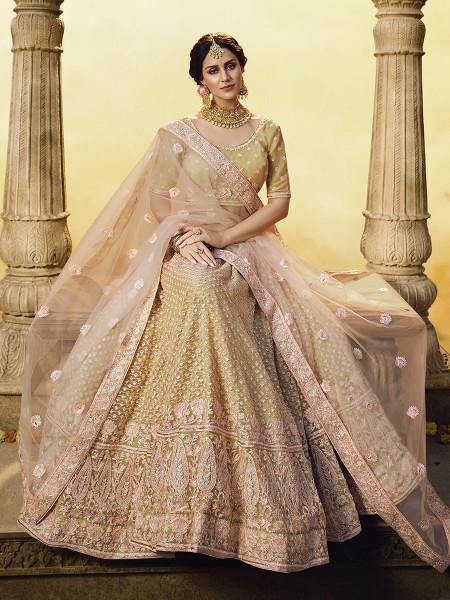 Myra Golden Heavy Embroidered Georgette Lehenga | Grocsy