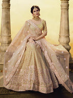 Myra Golden Heavy Embroidered Georgette Lehenga | Grocsy