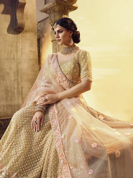 Myra Golden Heavy Embroidered Georgette Lehenga | Grocsy