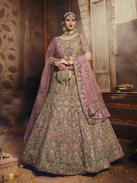 Myra Light Brown Heavy Embroidered Georgette Lehenga | Grocsy