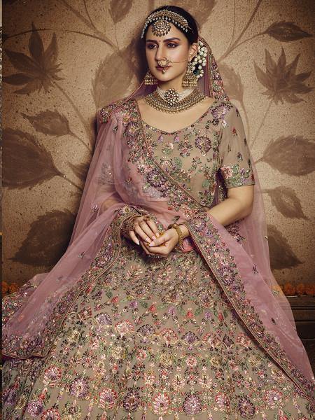 Myra Light Brown Heavy Embroidered Georgette Lehenga | Grocsy