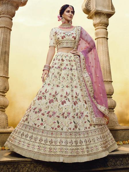 Myra Off White Heavy Embroidered Georgette Lehenga | Grocsy