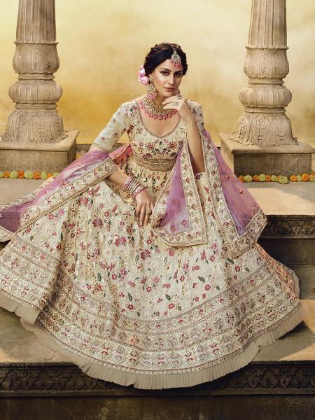 Myra Off White Heavy Embroidered Georgette Lehenga | Grocsy