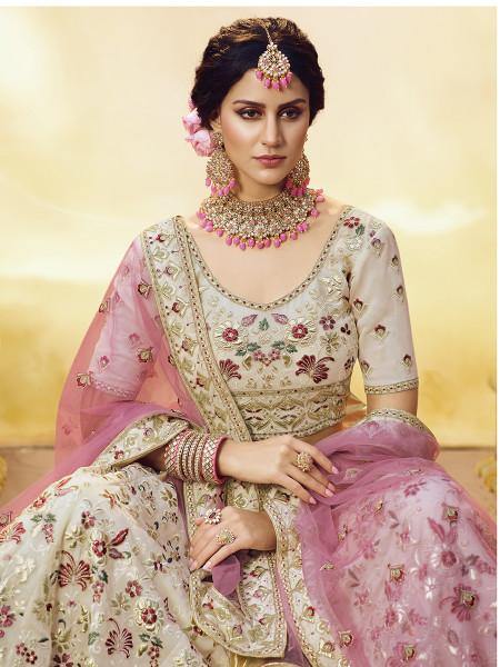 Myra Off White Heavy Embroidered Georgette Lehenga | Grocsy