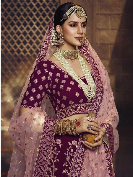 Myra Wine Heavy Embroidered Georgette Lehenga | Grocsy