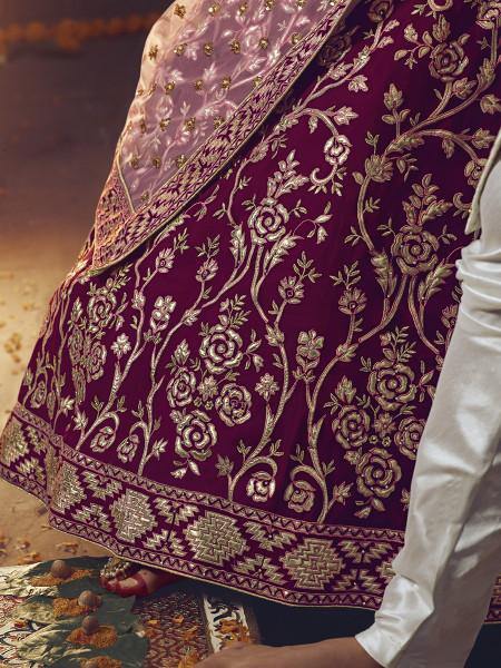 Myra Wine Heavy Embroidered Georgette Lehenga | Grocsy