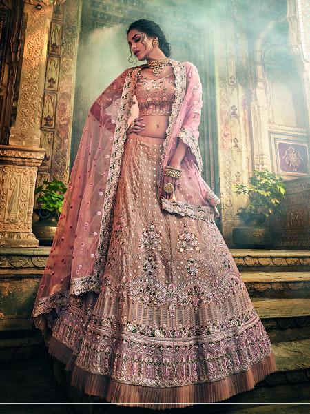 Myra Rose Taupe Georgette Embroidered lehenga | Grocsy